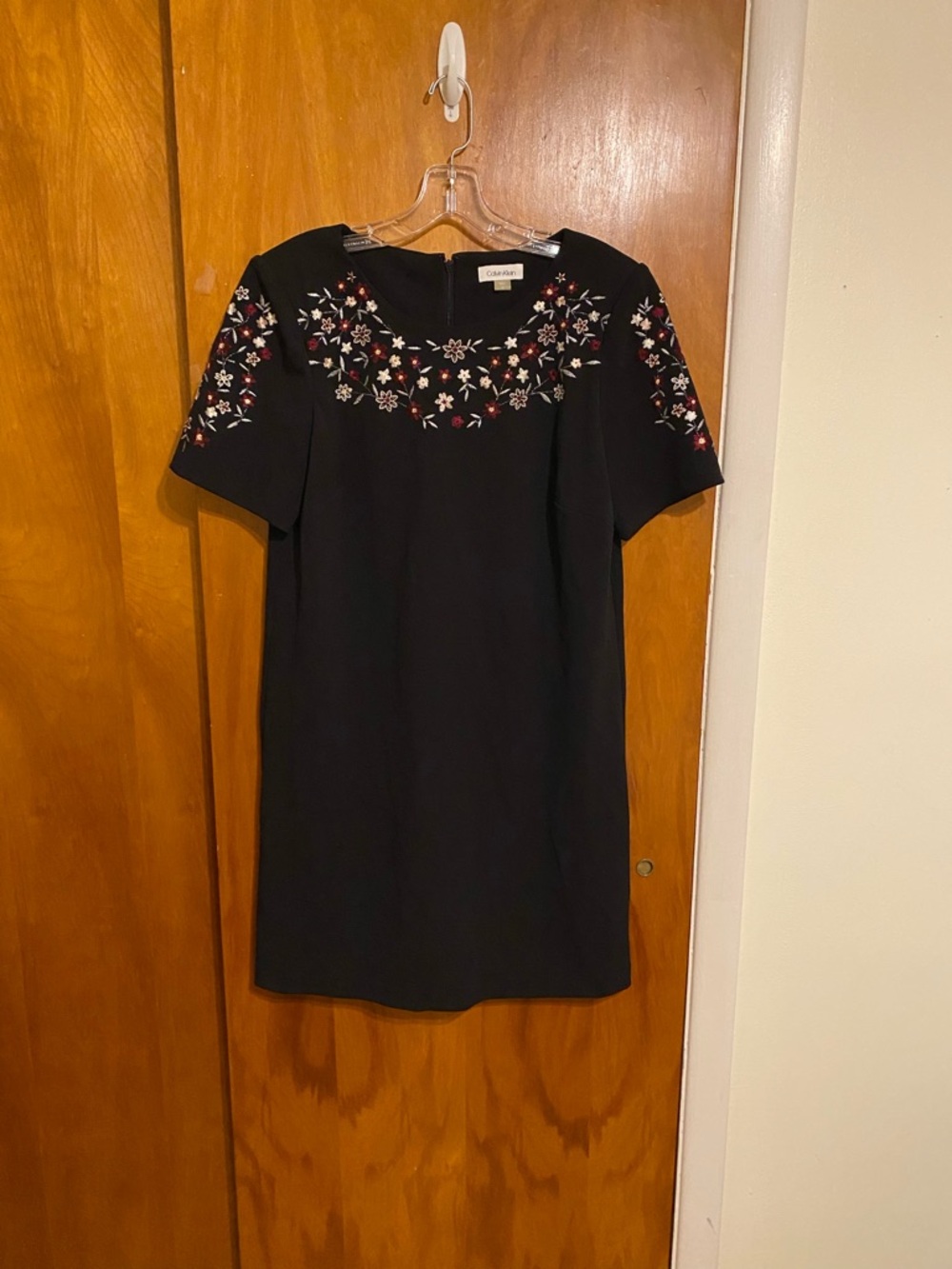 Calvin Klein Black Mini Sheath Dress with Multicolor Floral Embroidery